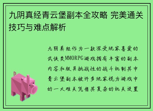 九阴真经青云堡副本全攻略 完美通关技巧与难点解析